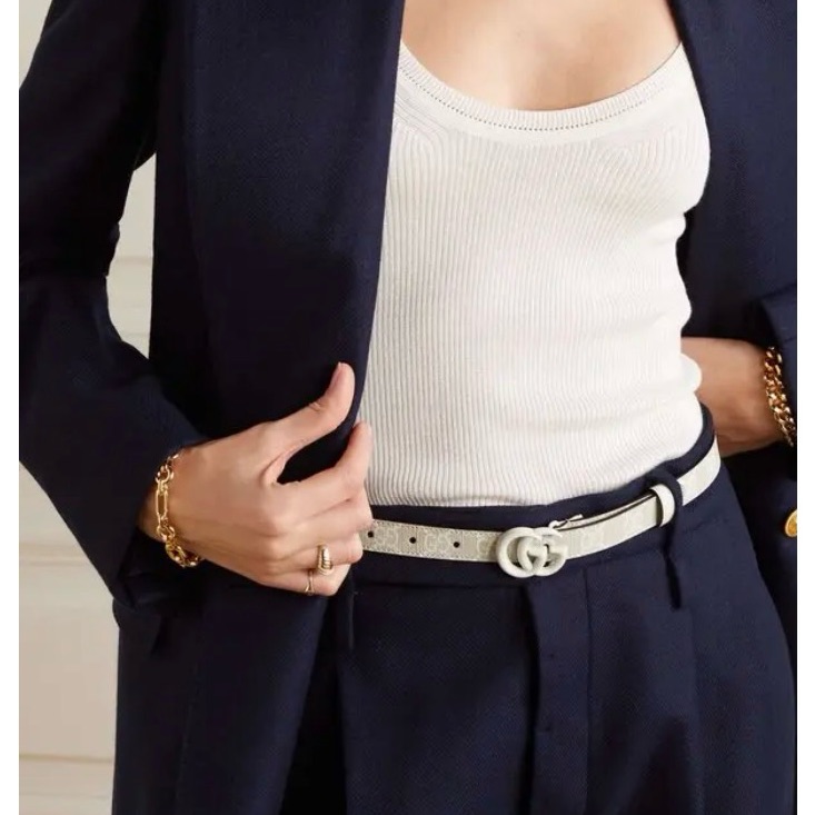 Nwt Gucci White Gg Marmont Supreme Canvas Leather Slim Belt